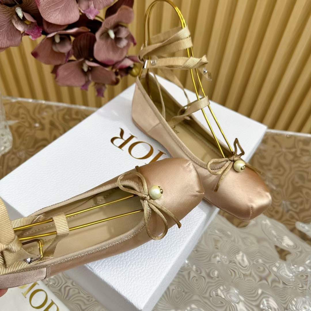 Dior Women CD D-Joy Ballet Flat Pink Beige Satin Grosgrain