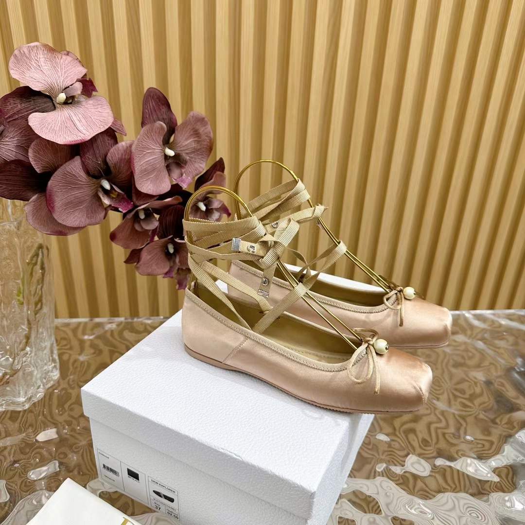 Dior Women CD D-Joy Ballet Flat Pink Beige Satin Grosgrain
