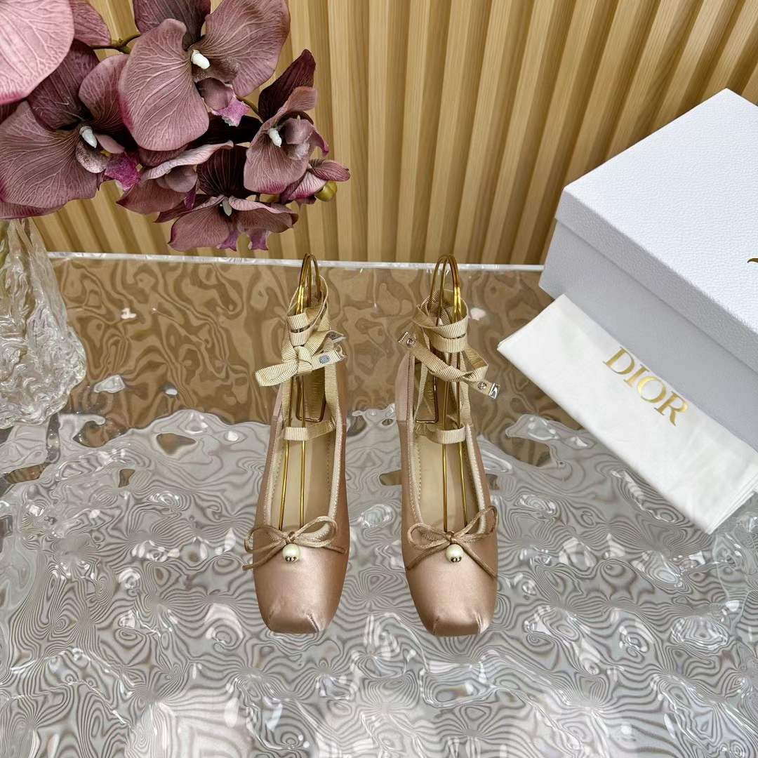 Dior Women CD D-Joy Ballet Flat Pink Beige Satin Grosgrain