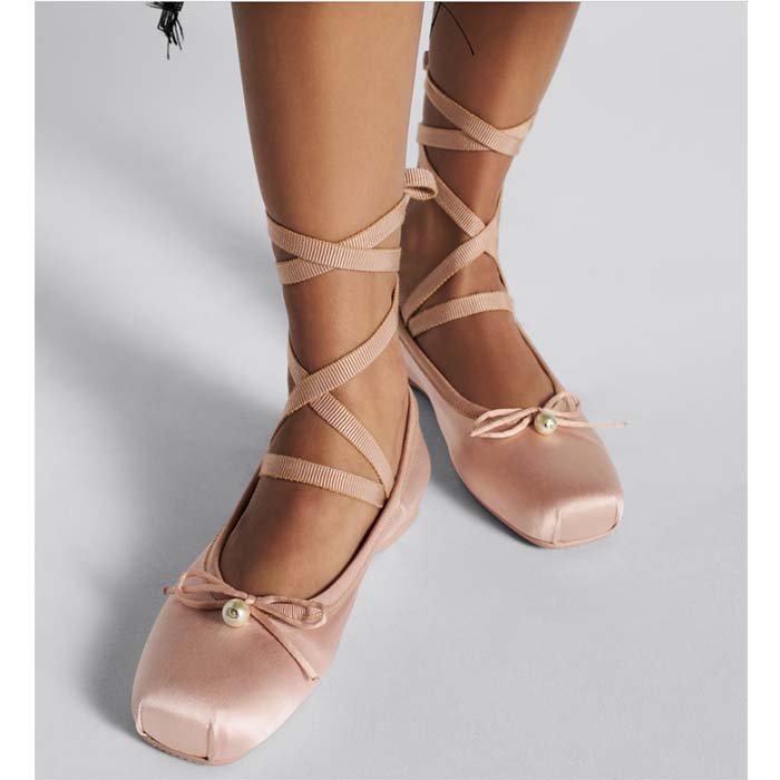 Dior Women CD D-Joy Ballet Flat Pink Beige Satin Grosgrain