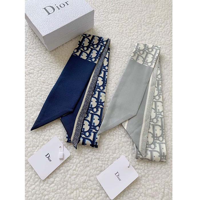 Dior Women CD Dior Oblique Mitzah Scarf Navy Blue Silk Twill