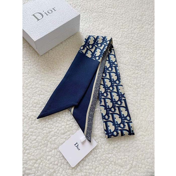 Dior Women CD Dior Oblique Mitzah Scarf Navy Blue Silk Twill