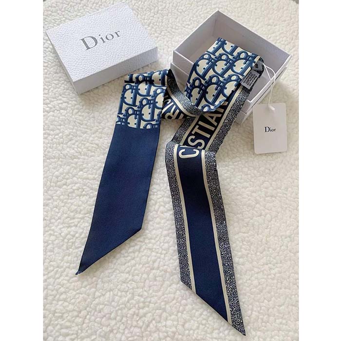 Dior Women CD Dior Oblique Mitzah Scarf Navy Blue Silk Twill