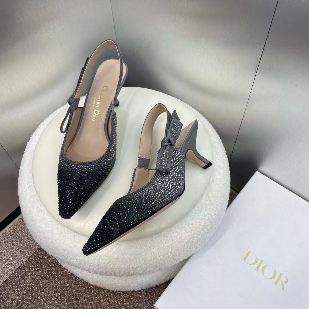 Dior Women CD Dior Or J’Adior Slingback Pump Cotton Embroidered Black Silver Strass