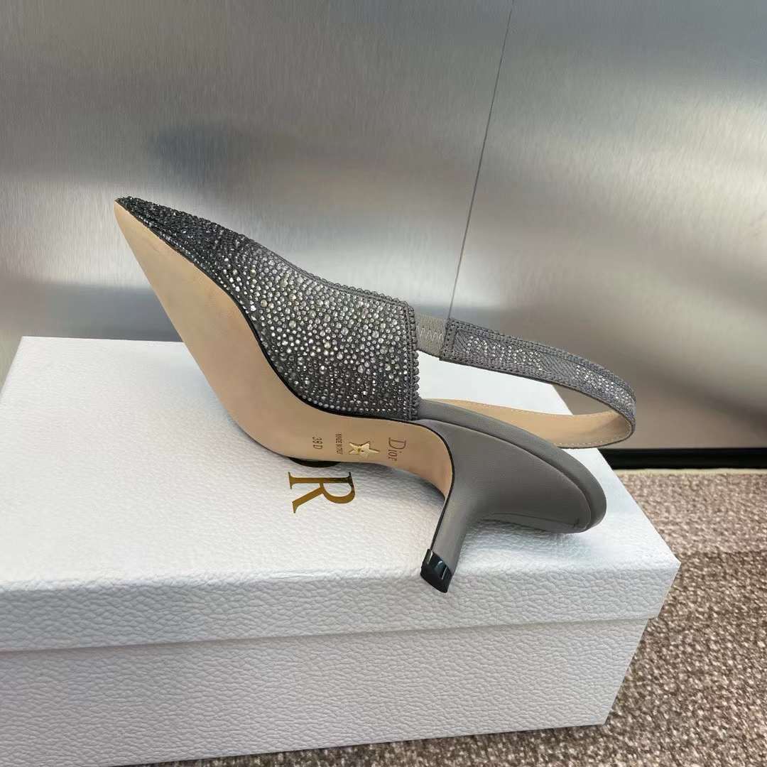 Dior Women CD Dior Or J’Adior Slingback Pump Cotton Embroidered Black Silver Strass