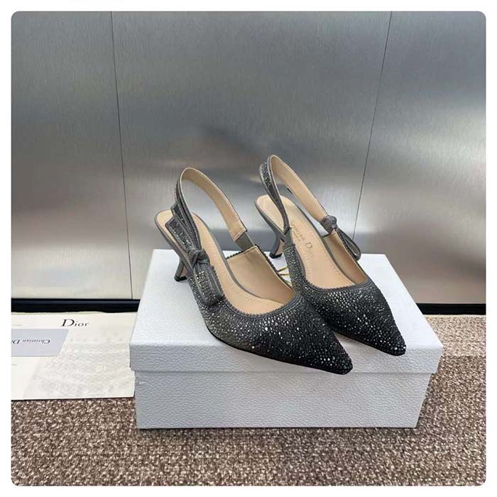 Dior Women CD Dior Or J’Adior Slingback Pump Cotton Embroidered Black Silver Strass