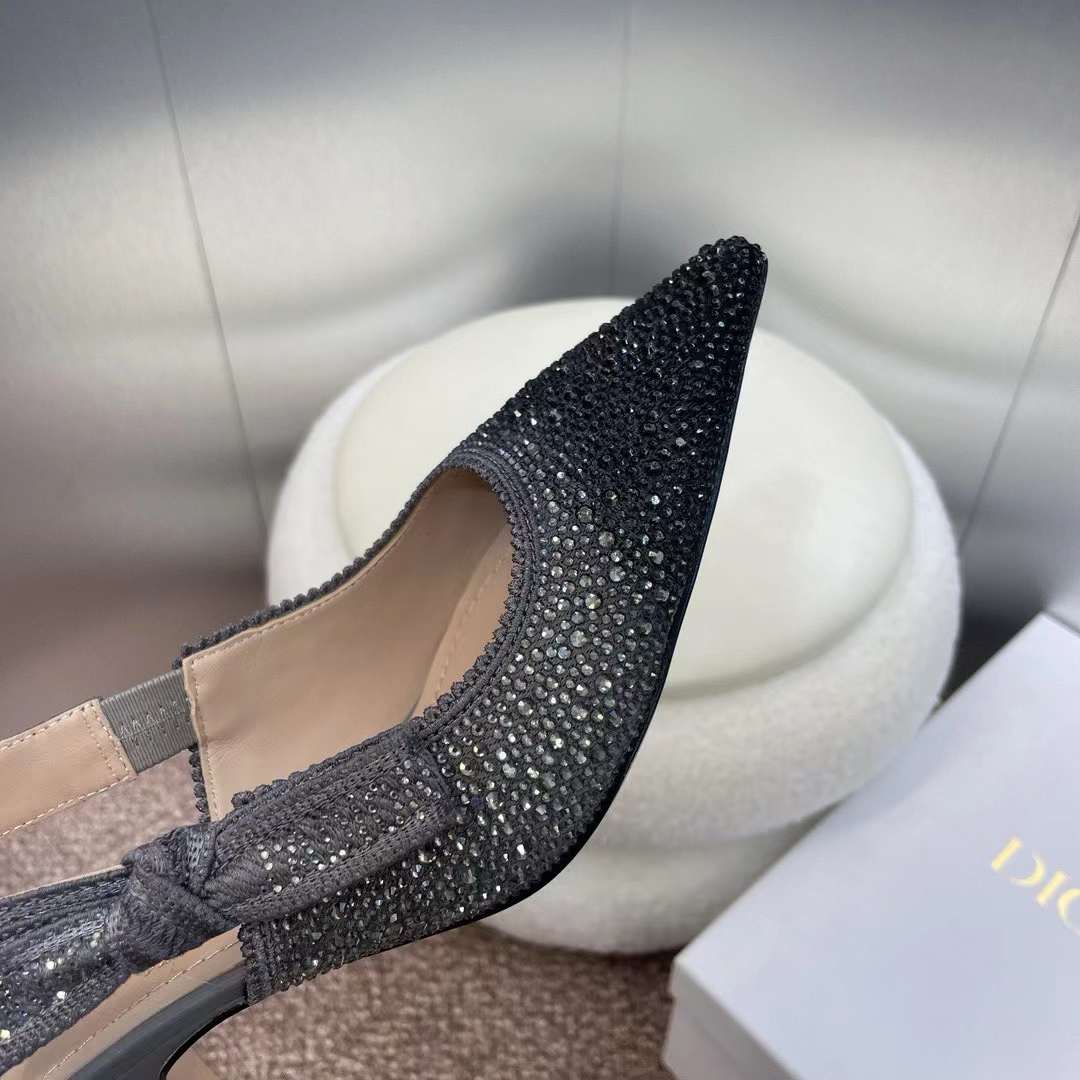 Dior Women CD Dior Or J’Adior Slingback Pump Cotton Embroidered Black Silver Strass