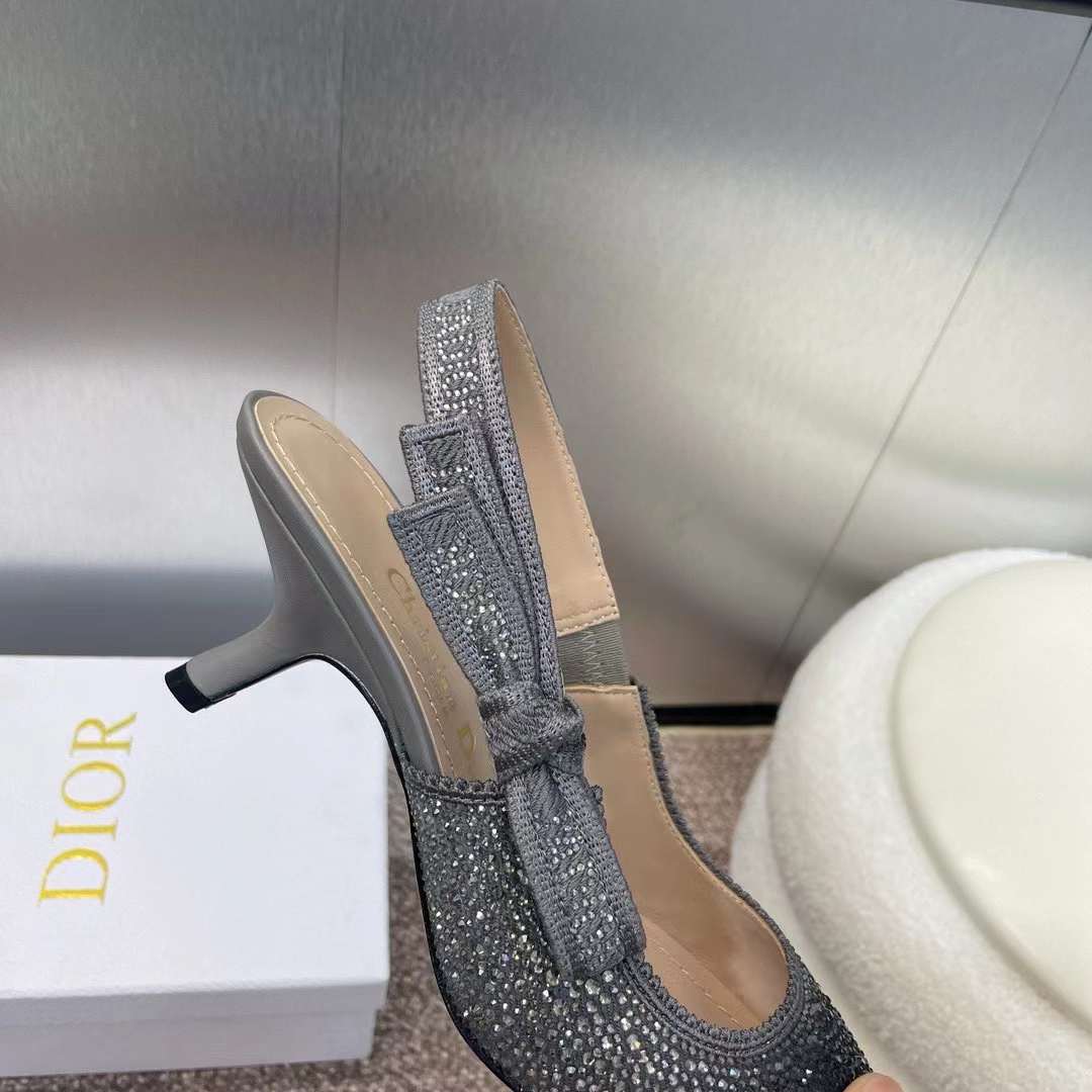 Dior Women CD Dior Or J’Adior Slingback Pump Cotton Embroidered Black Silver Strass