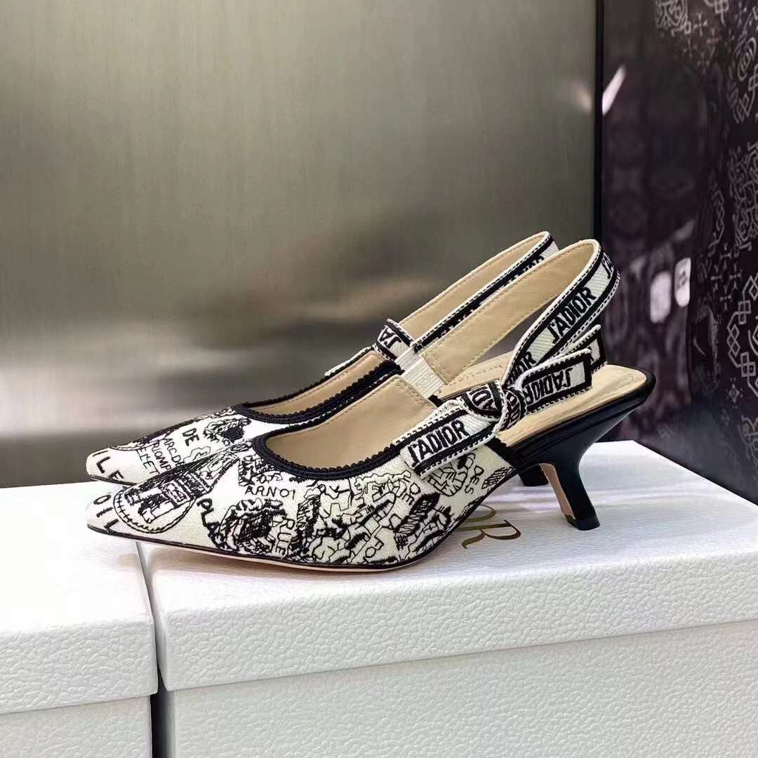 Dior Women CD J’Adior Slingback Pump White Black Cotton Embroidered Plan De Paris