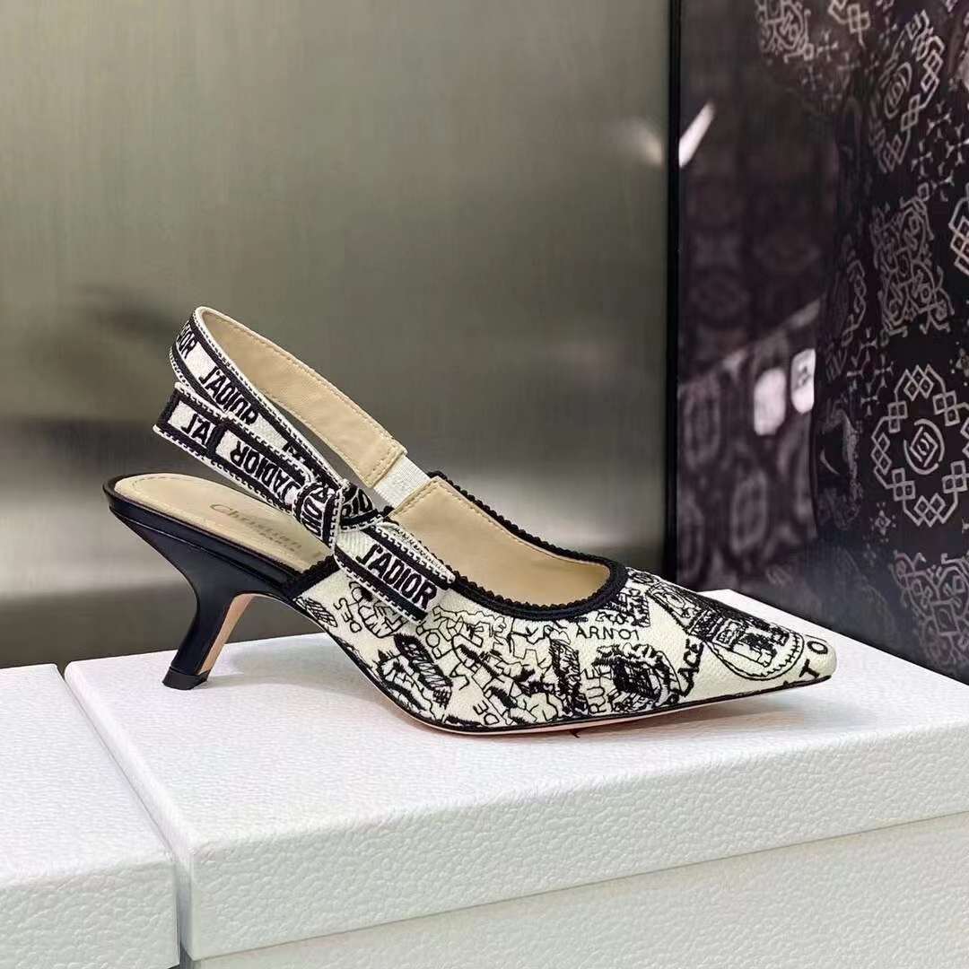 Dior Women CD J’Adior Slingback Pump White Black Cotton Embroidered Plan De Paris