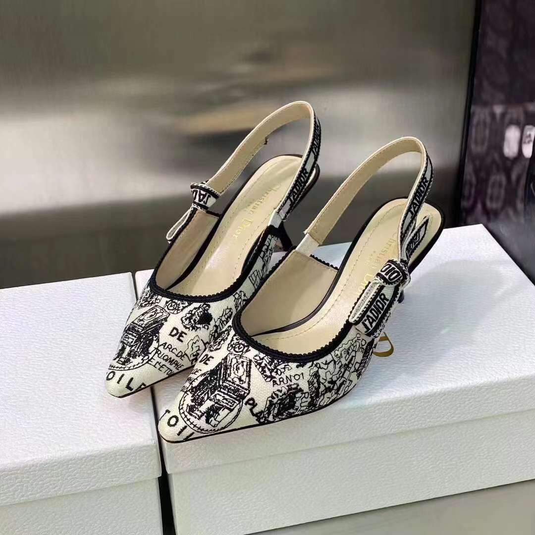 Dior Women CD J’Adior Slingback Pump White Black Cotton Embroidered Plan De Paris