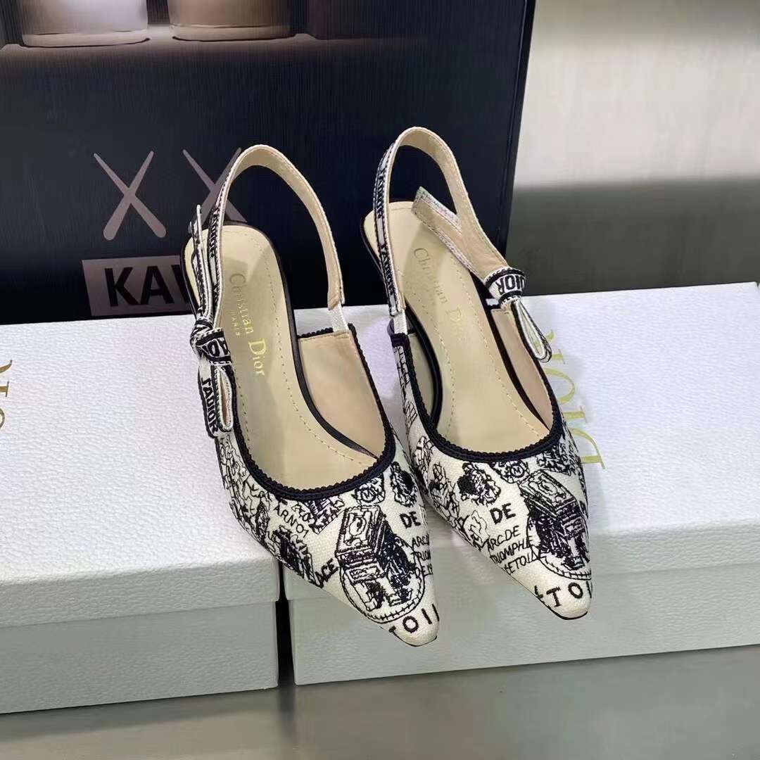 Dior Women CD J’Adior Slingback Pump White Black Cotton Embroidered Plan De Paris