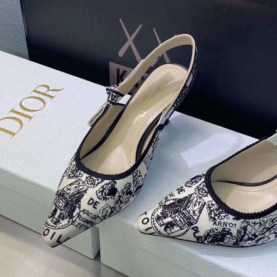 Dior Women CD J’Adior Slingback Pump White Black Cotton Embroidered Plan De Paris