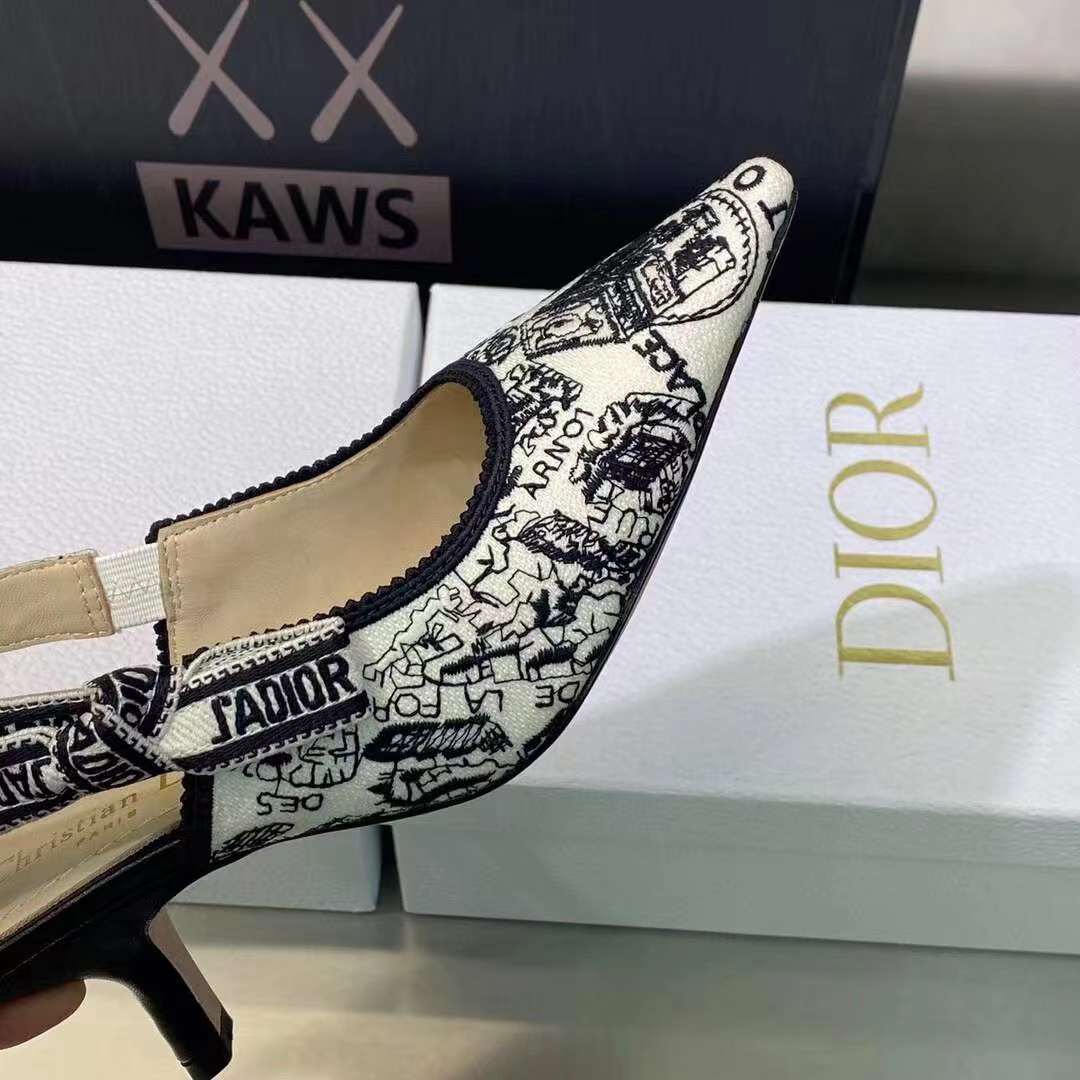 Dior Women CD J’Adior Slingback Pump White Black Cotton Embroidered Plan De Paris