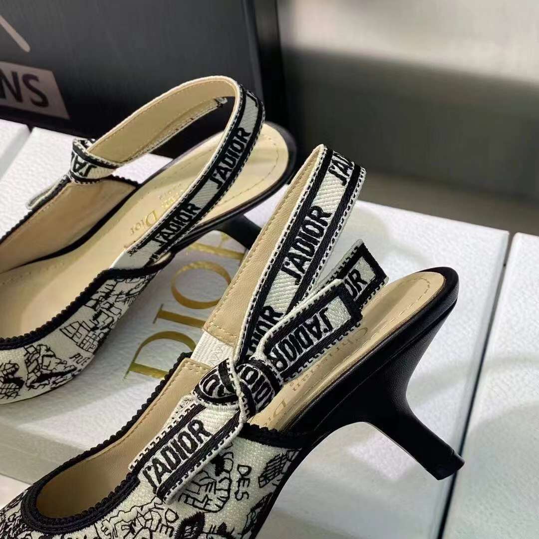 Dior Women CD J’Adior Slingback Pump White Black Cotton Embroidered Plan De Paris