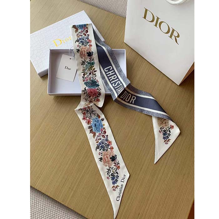 Dior Women CD Jardin D’Hiver Mitzah Scarf White Multicolor Silk Twill