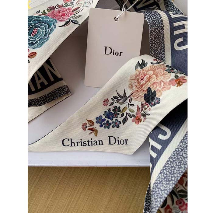 Dior Women CD Jardin D’Hiver Mitzah Scarf White Multicolor Silk Twill