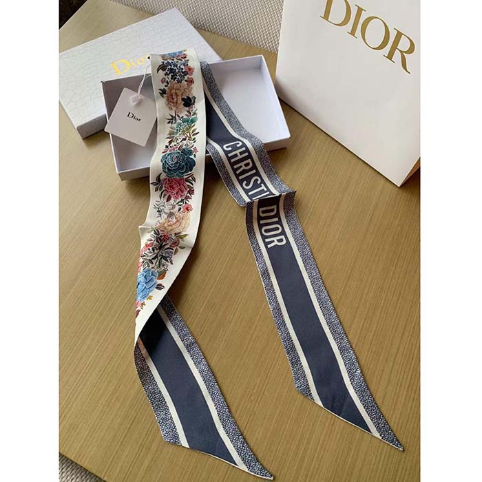 Dior Women CD Jardin D’Hiver Mitzah Scarf White Multicolor Silk Twill