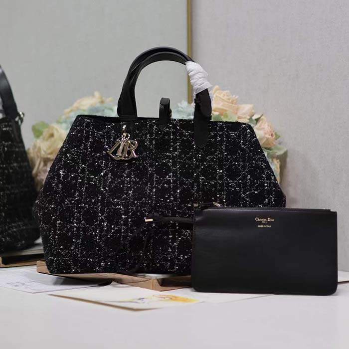 Dior Women CD Large Dior Toujours Bag Black Cannage Tweed