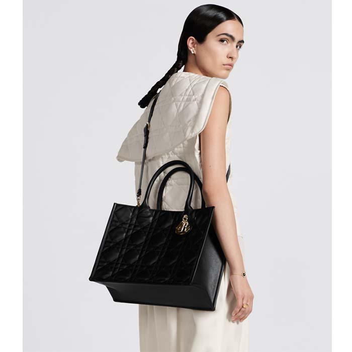 Dior Women CD Medium Dior Book Tote Black Macrocannage Calfskin