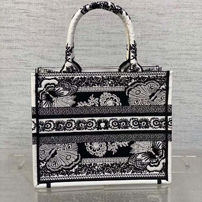 Dior Women CD Medium Dior Book Tote Black White Butterfly Bandana Embroidery
