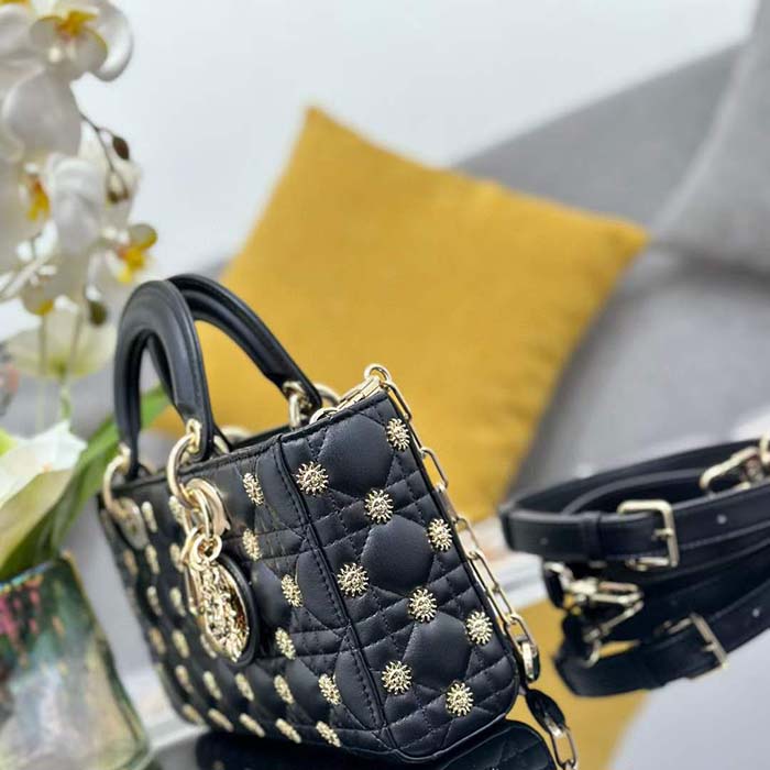 Dior Women CD Medium Lady D-Joy Bag Black Cannage Lambskin Sun Studs