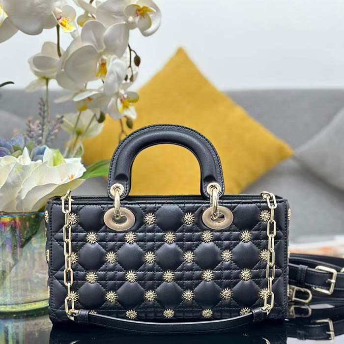 Dior Women CD Medium Lady D-Joy Bag Black Cannage Lambskin Sun Studs