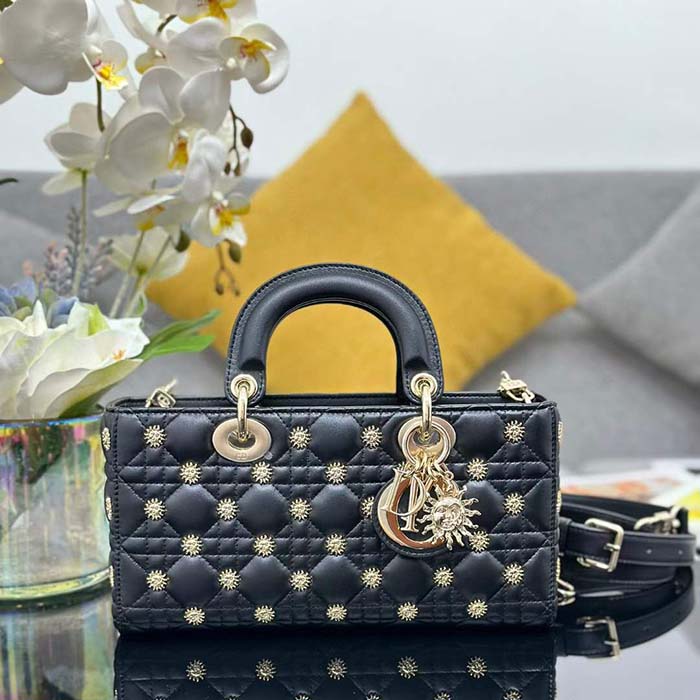 Dior Women CD Medium Lady D-Joy Bag Black Cannage Lambskin Sun Studs