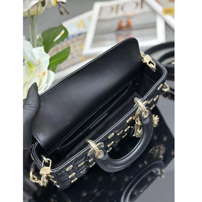 Dior Women CD Medium Lady D-Joy Bag Black Cannage Lambskin Sun Studs