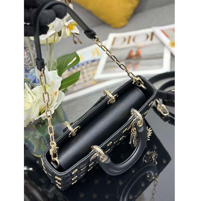 Dior Women CD Medium Lady D-Joy Bag Black Cannage Lambskin Sun Studs