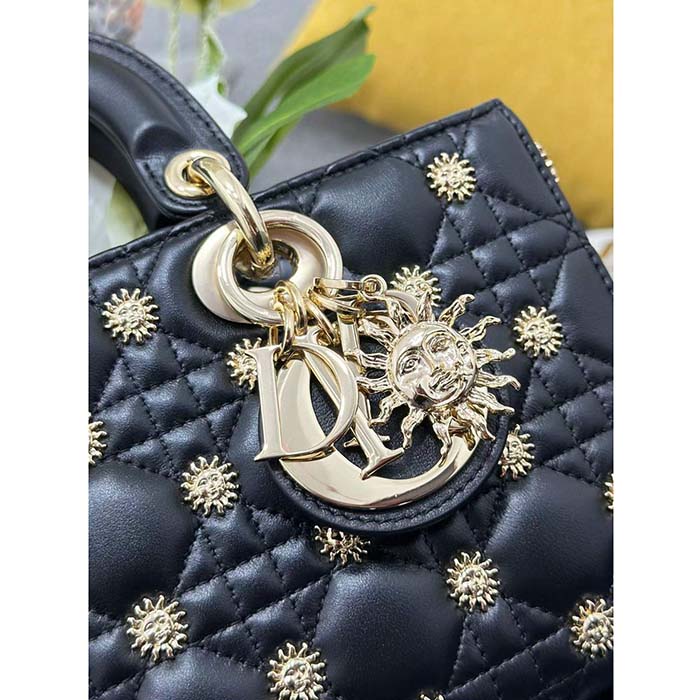 Dior Women CD Medium Lady D-Joy Bag Black Cannage Lambskin Sun Studs