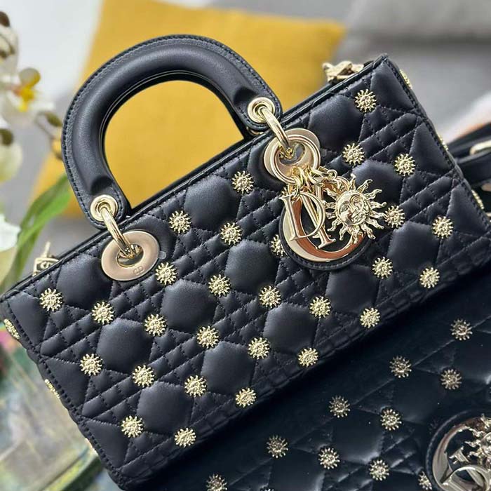 Dior Women CD Medium Lady D-Joy Bag Black Cannage Lambskin Sun Studs