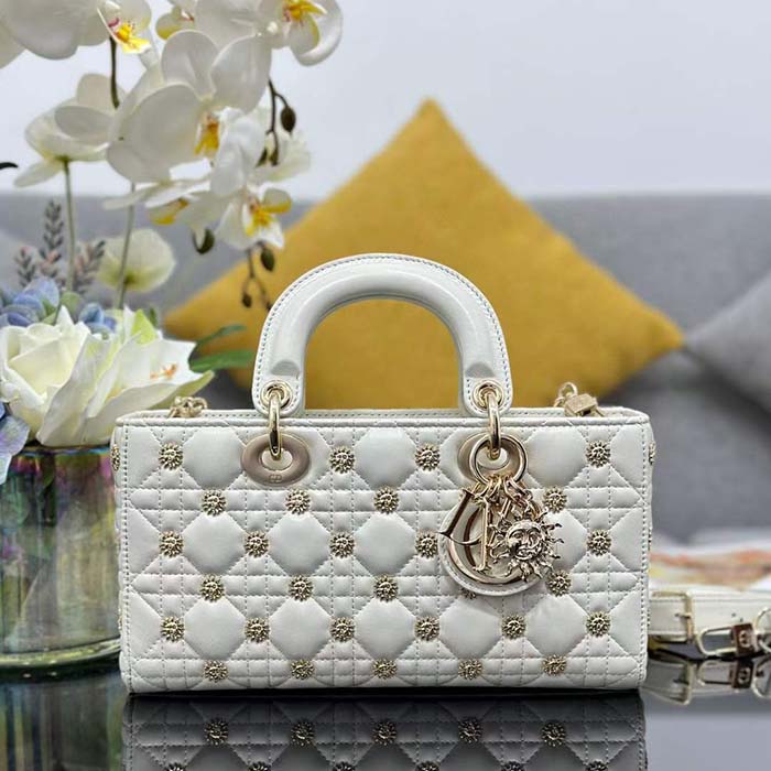 Dior Women CD Medium Lady D-Joy Bag Latte Cannage Lambskin Sun Studs