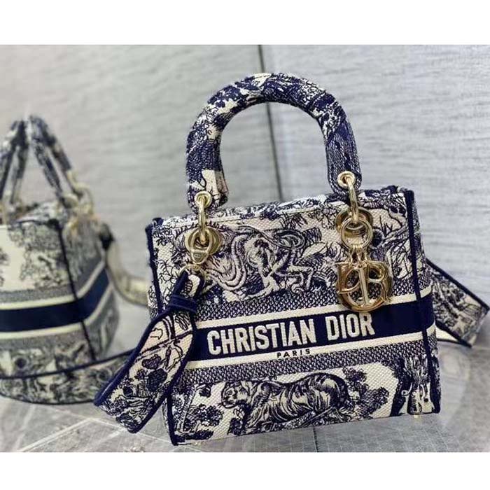Dior Women CD Medium Lady D-Lite Bag Blue Toile De Jouy