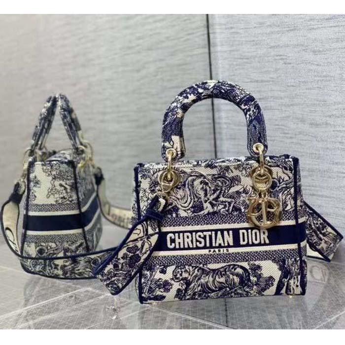 Dior Women CD Medium Lady D-Lite Bag Blue Toile De Jouy