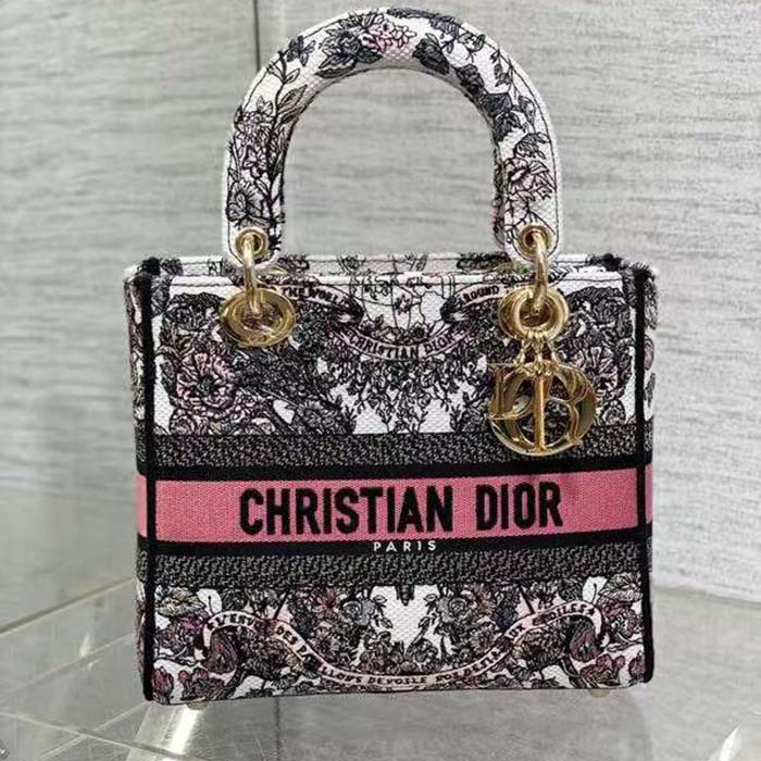 Dior Women CD Medium Lady D-Lite Bag White Pink Butterfly Around The World