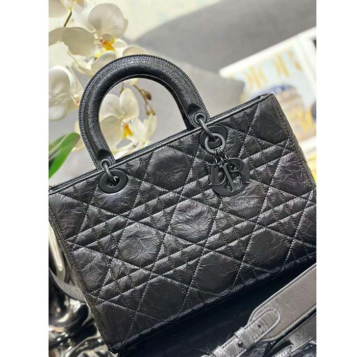 Dior Women CD Medium Lady D-Sire My ABCDior Bag Black Macrocannage Crinkled Calfskin