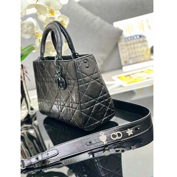 Dior Women CD Medium Lady D-Sire My ABCDior Bag Black Macrocannage Crinkled Calfskin
