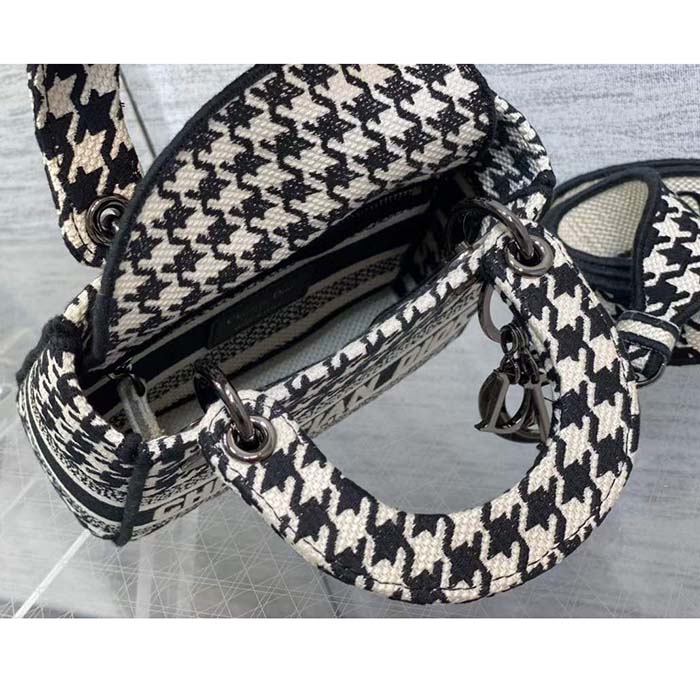 Dior Women CD Mini Lady D-Lite Bag Black White Houndstooth Embroidery