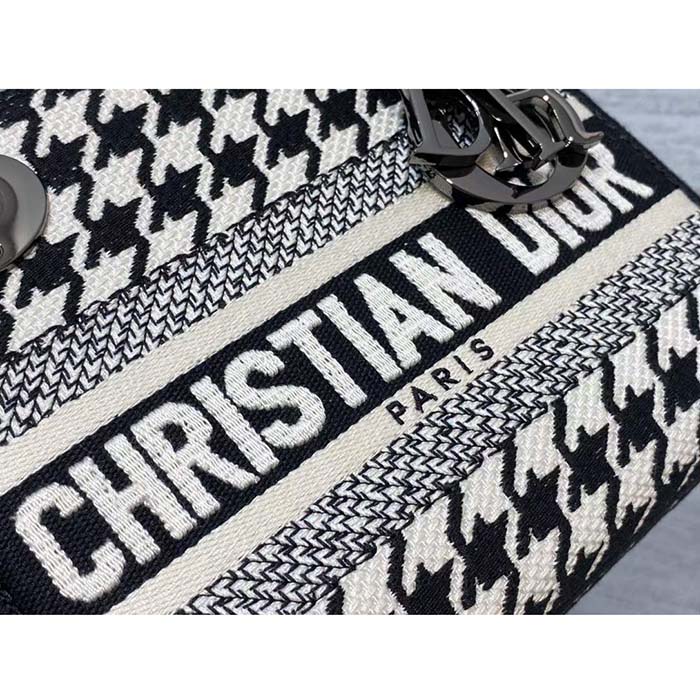 Dior Women CD Mini Lady D-Lite Bag Black White Houndstooth Embroidery