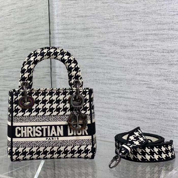Dior Women CD Mini Lady D-Lite Bag Black White Houndstooth Embroidery
