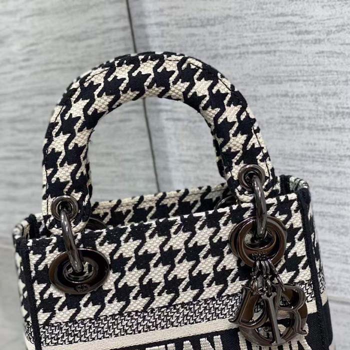 Dior Women CD Mini Lady D-Lite Bag Black White Houndstooth Embroidery
