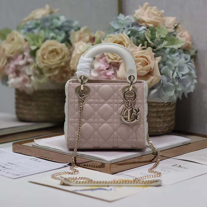 Dior Women CD Mini Lady Dior Bag Latte Powder Pink Cannage Lambskin
