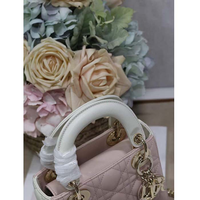 Dior Women CD Mini Lady Dior Bag Latte Powder Pink Cannage Lambskin