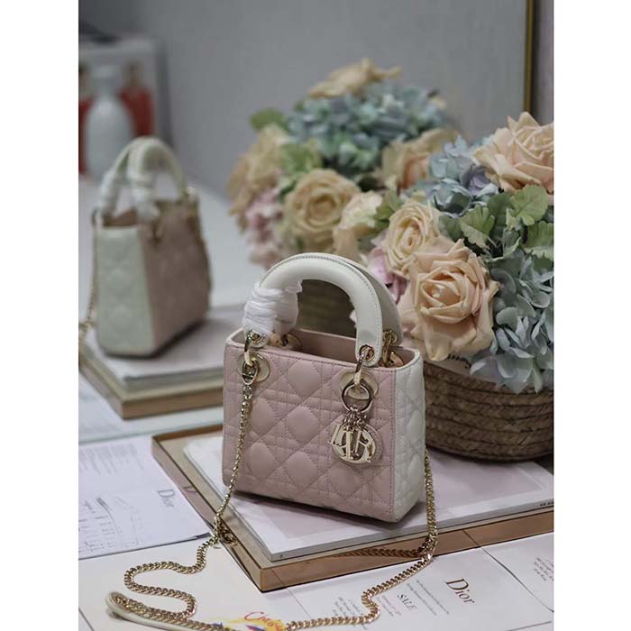 Dior Women CD Mini Lady Dior Bag Latte Powder Pink Cannage Lambskin