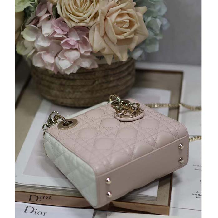 Dior Women CD Mini Lady Dior Bag Latte Powder Pink Cannage Lambskin