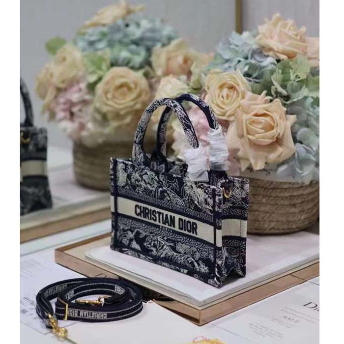 Dior Women Mini Dior Book Tote Strap Blue Toile De Jouy Reverse Embroidery