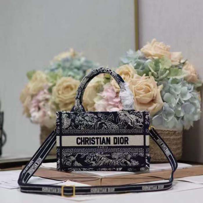Dior Women Mini Dior Book Tote Strap Blue Toile De Jouy Reverse Embroidery