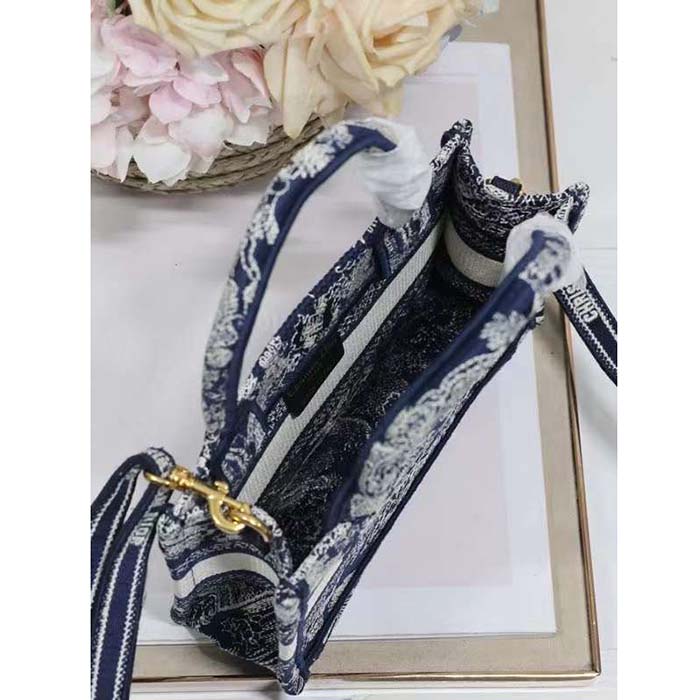 Dior Women Mini Dior Book Tote Strap Blue Toile De Jouy Reverse Embroidery