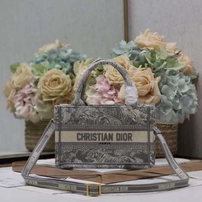 Dior Women Mini Dior Book Tote Strap Gray Toile De Jouy Reverse Embroidery